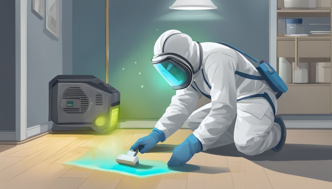 A technician in protective gear inspects a damp, musty room with a flashlight and moisture meter, checking for mold growth on walls, ceilings, and floors