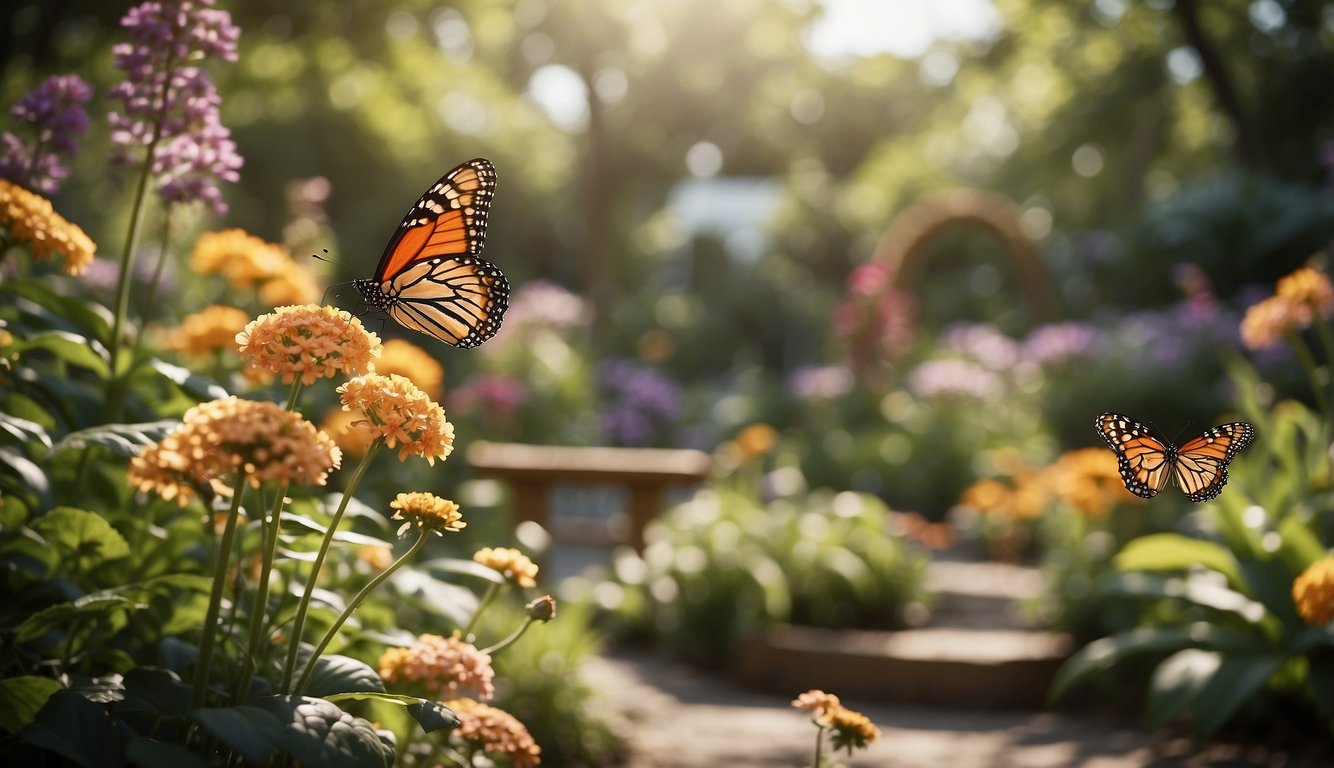 A lush garden with colorful flowers and plants, butterflies fluttering around, a small water feature, and a sign with the title "Creating a Butterfly Garden"