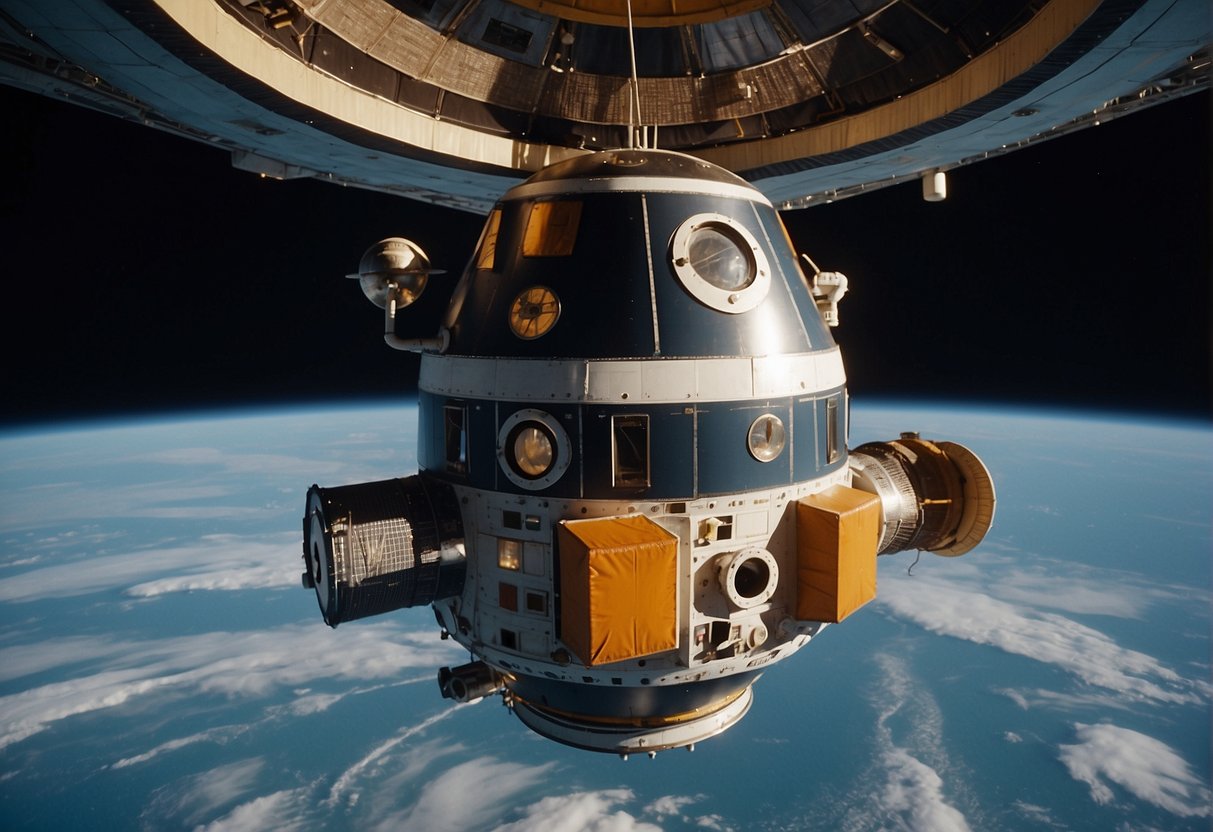 The spacecrafts from the Apollo and Soyuz missions dock in space, showcasing international cooperation and unity in the vastness of the cosmos