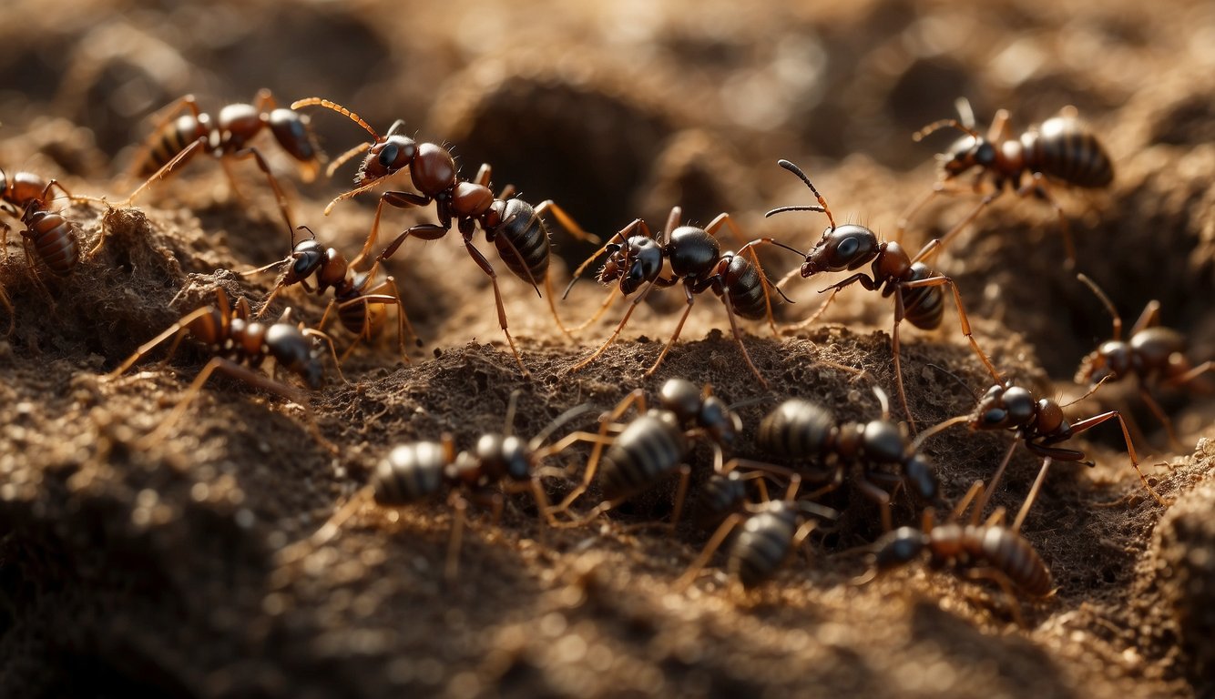 A bustling ant colony with intricate tunnels, chambers, and workers carrying food.

Queen ant surrounded by attendants in a central chamber