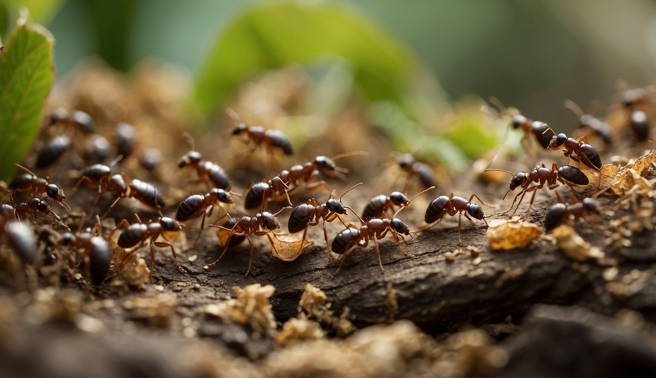 A bustling ant colony with intricate tunnels, chambers, and bustling activity.

Ants carrying food, tending to larvae, and communicating through pheromones