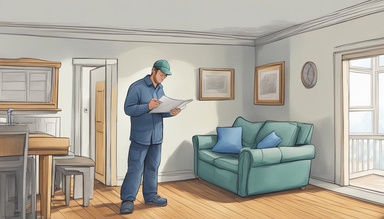 A tenant inspects a rental property for mold, checking for any visible signs of water damage, musty odors, and asking the landlord about any past mold issues