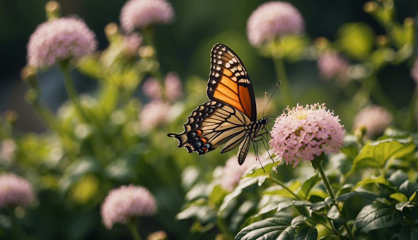 A lush garden blooms with vibrant flowers and lush greenery, as butterflies flit and flutter among the blossoms, showcasing their beautiful lifecycle and habitat