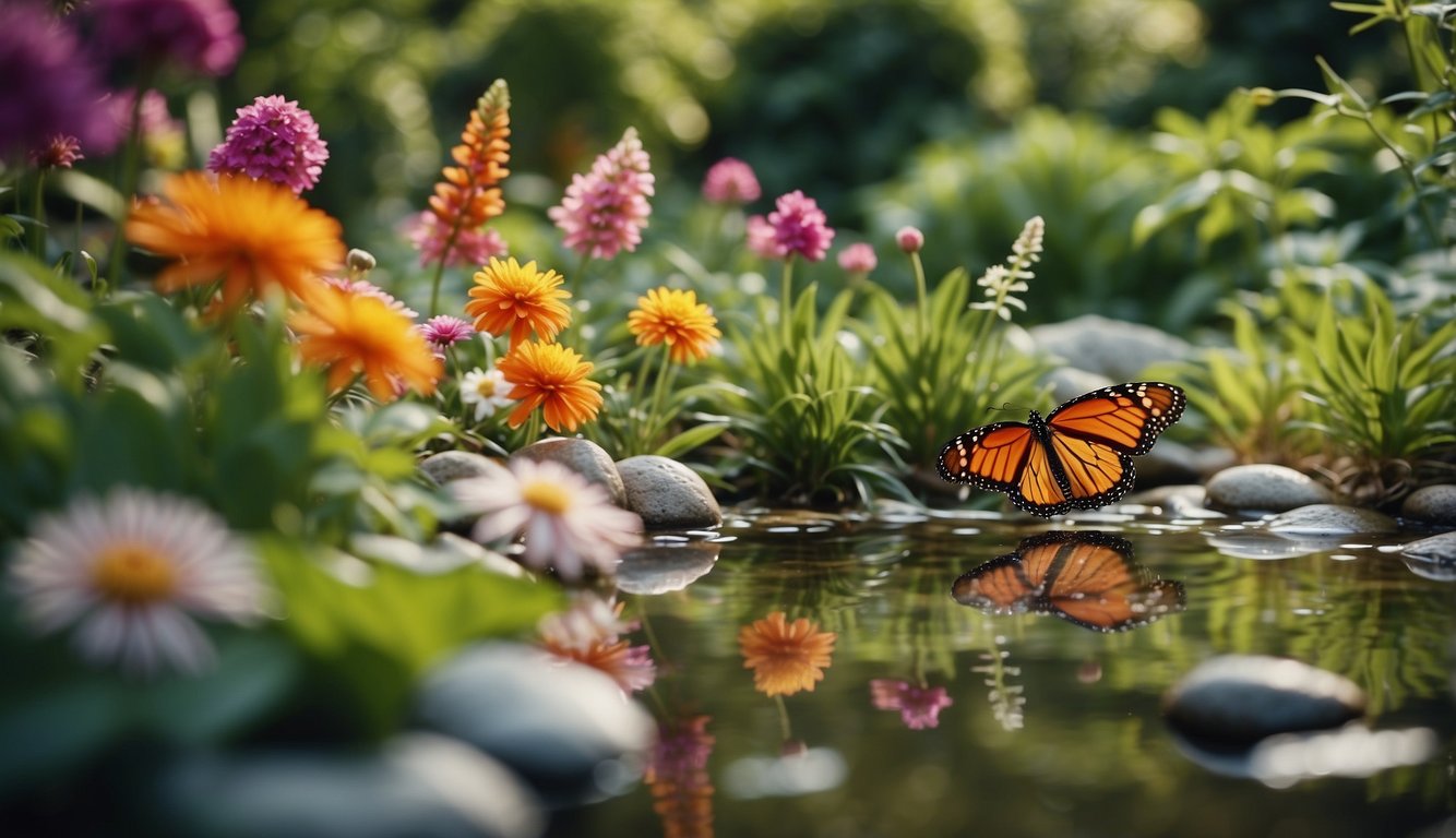 A lush garden filled with colorful flowers and plants, with butterflies fluttering around and resting on leaves and flowers.

A small pond or water feature adds to the serene atmosphere
