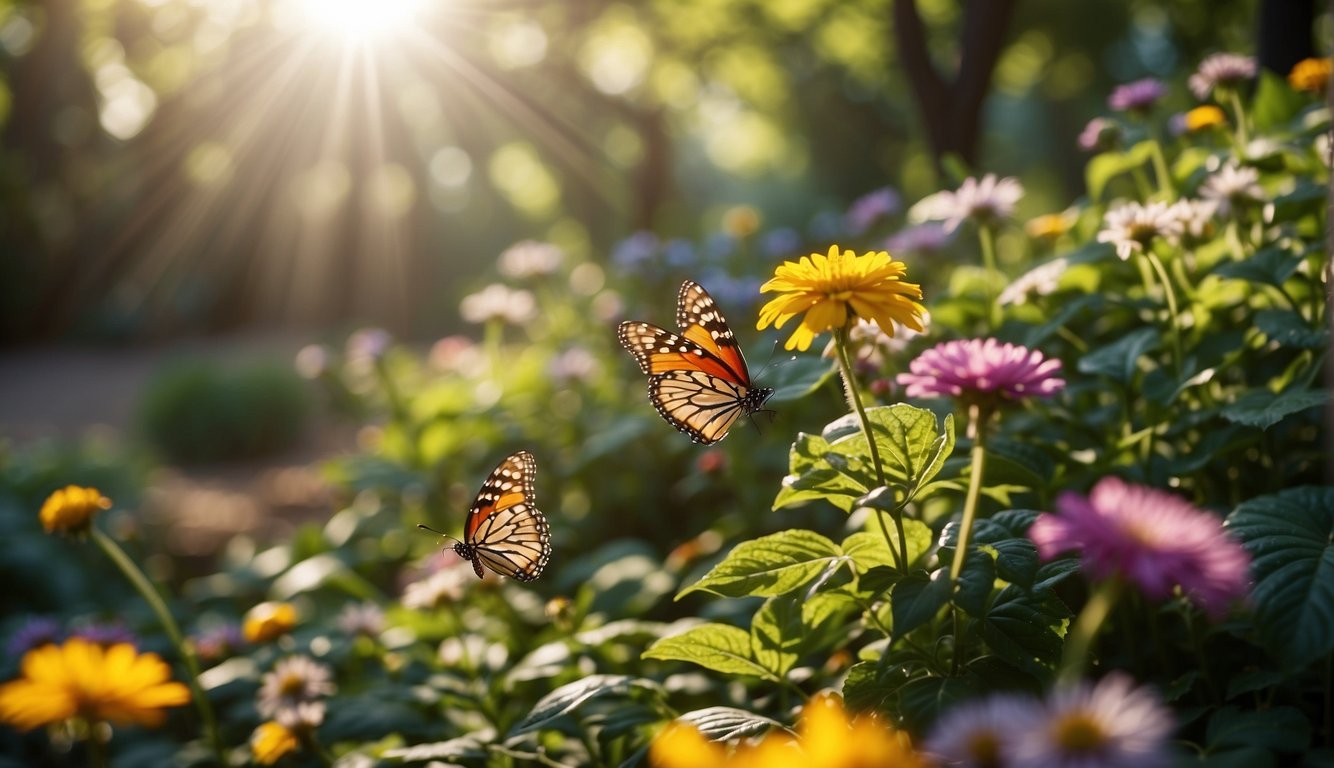 A lush garden filled with colorful flowers and fluttering butterflies at different stages of their lifecycle.

Sunlight streams through the trees, casting dappled shadows on the ground