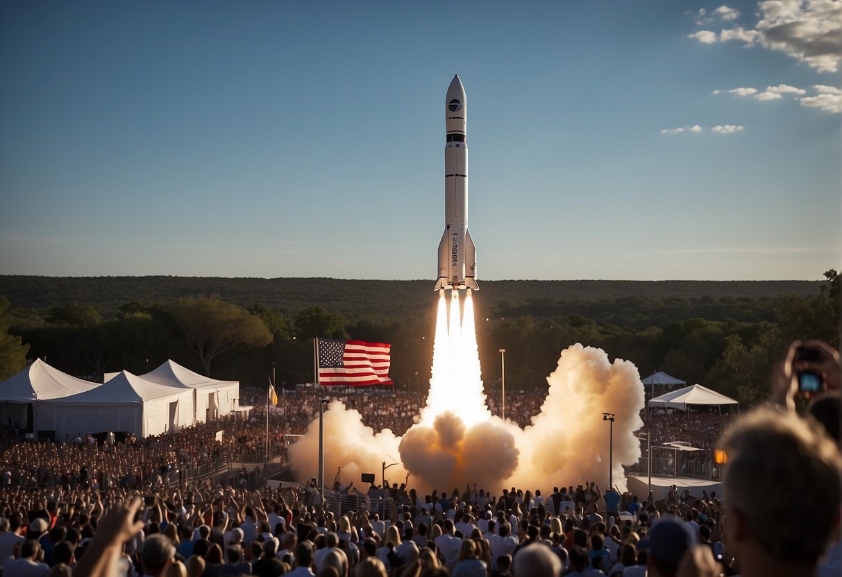 A rocket launches into the sky, surrounded by a crowd of spectators and media capturing the historic moment. The logo of the Ansari X Prize is prominently displayed on the rocket's exterior