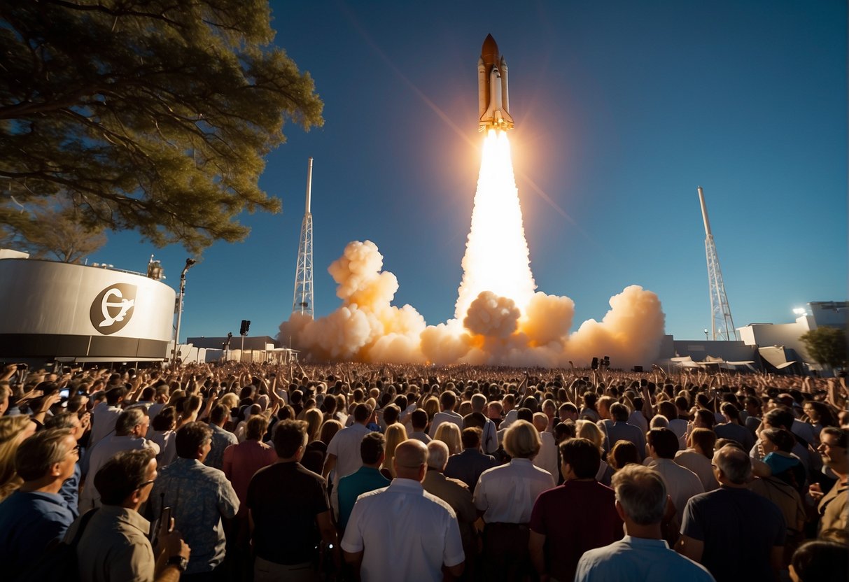 A rocket launching into space, surrounded by a crowd of spectators and media capturing the event. The Ansari X Prize logo prominently displayed on the rocket