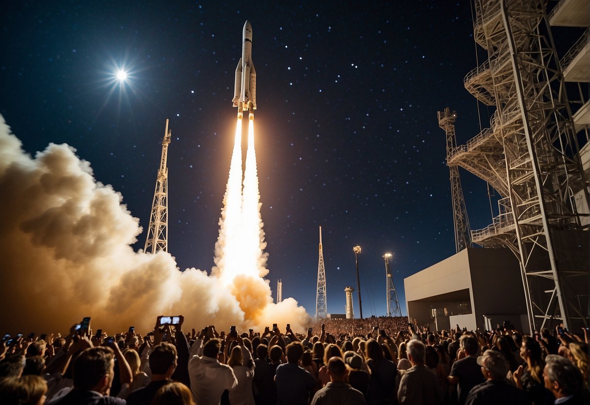 A rocket launches into space, surrounded by cheering crowds and media cameras capturing the historic moment. The X Prize logo stands out prominently in the background