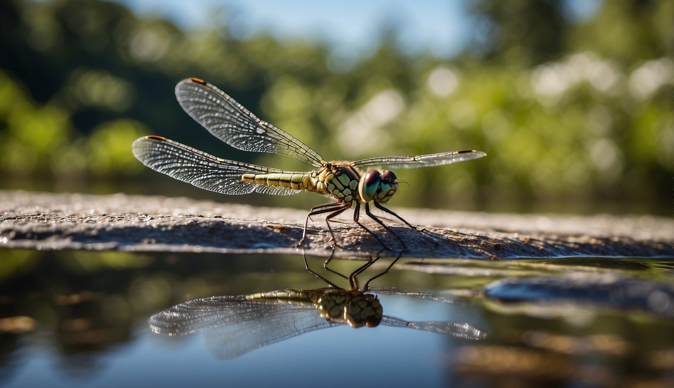A dragonfly hovers above a tranquil pond, its iridescent wings beating rapidly as it gracefully maneuvers through the air