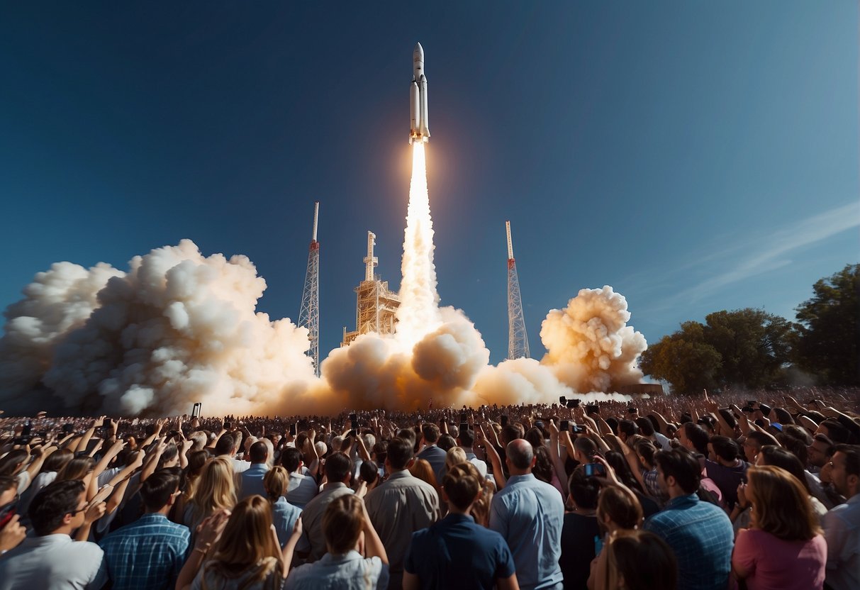 A rocket launches into space, surrounded by a crowd of spectators and media capturing the historic moment