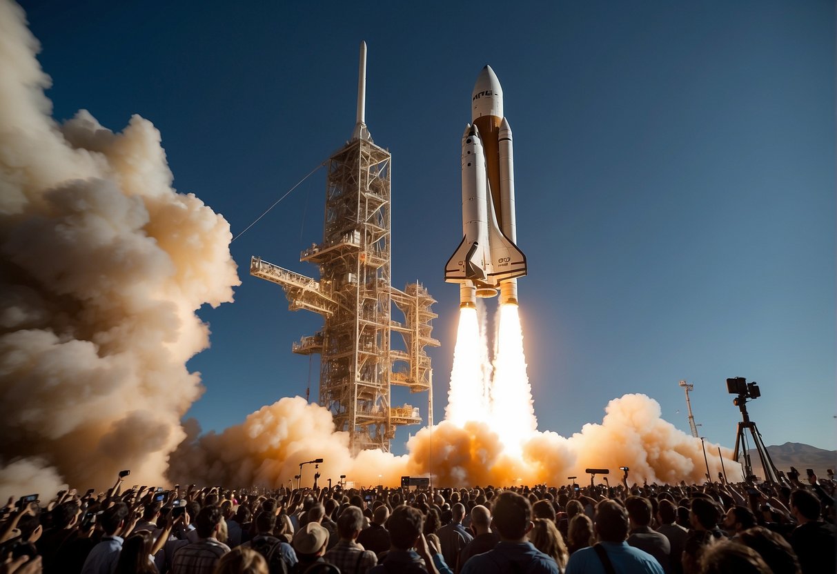 A rocket launches into space, surrounded by a crowd of onlookers and media cameras capturing the historic moment. The X Prize logo is prominently displayed on the rocket, symbolizing the economic impact of the competition