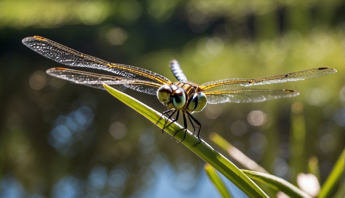 A dragonfly hovers over a pond, its translucent wings beating rapidly as it expertly maneuvers through the air.

The sun glistens off its iridescent body, showcasing the intricate design of its aerodynamic form