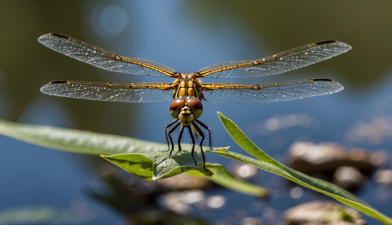 A dragonfly hovers above a pond, its wings beating in a figure-eight pattern.

The sleek body and transparent wings showcase nature's aerodynamic design