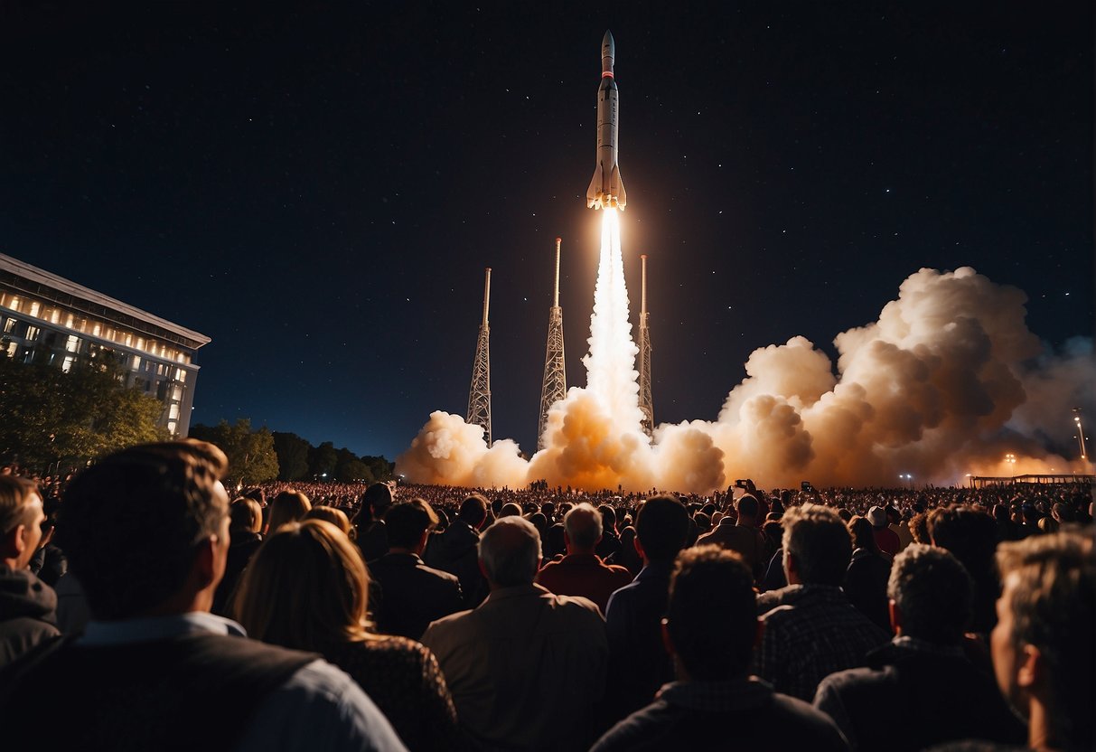 A rocket launches into space, surrounded by a crowd of spectators and media capturing the historic moment