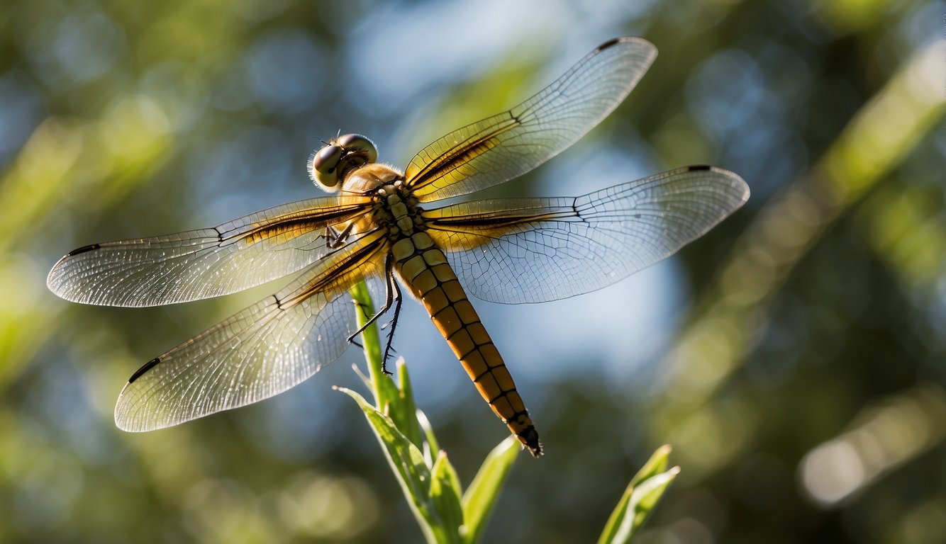 A dragonfly hovers mid-air, its wings beating rapidly as it maneuvers through the sky with precision and grace