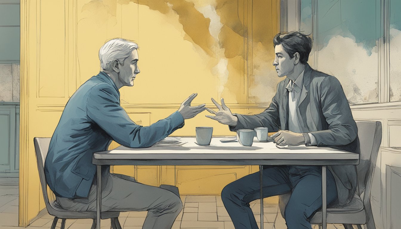 Two figures sit at a table, gesturing and discussing. Moldy walls loom in the background, while a sense of tension is palpable in the air