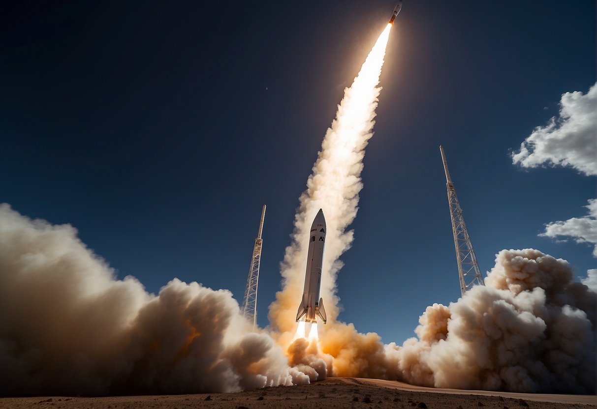 A rocket launching into space with media logos and headlines in the background, showcasing the excitement and competition of the Ansari X Prize