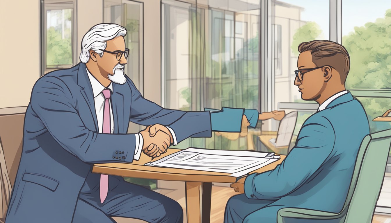 A landlord and tenant shake hands, sign a document, and inspect a mold-free property, symbolizing successful conflict resolution and compliance after mediation