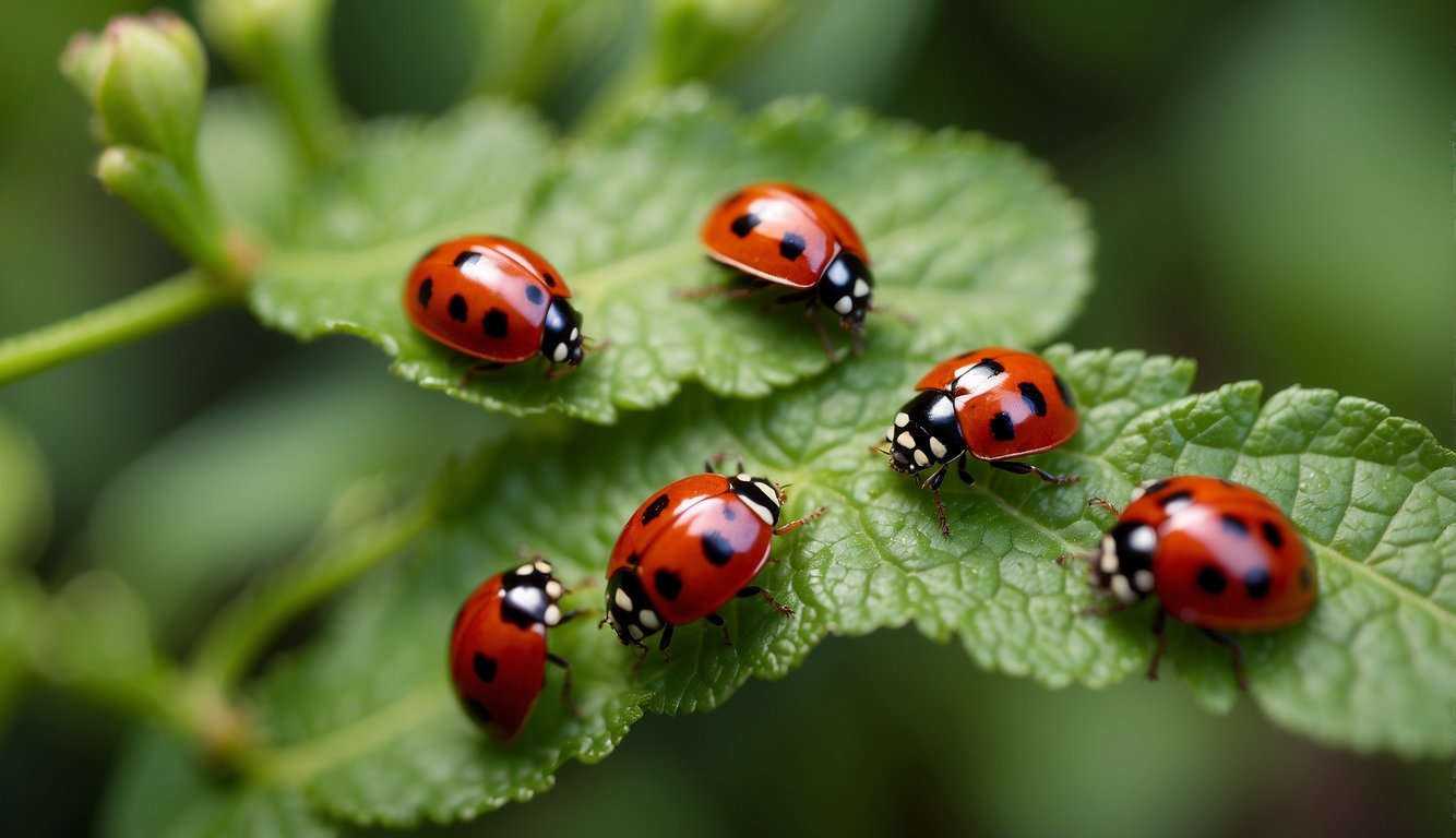 Ladybugs swarm over green leaves, feasting on tiny aphids.

Their bright red shells contrast with the lush foliage, showcasing their role as nature's vibrant and efficient pest controllers