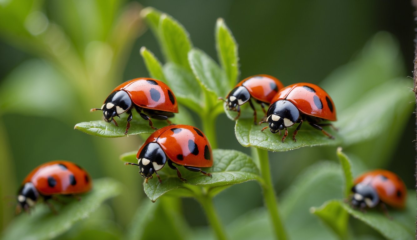 Ladybugs swarm over a field of green plants, their vibrant red and black shells standing out against the leaves.

They march purposefully, devouring aphids with precision, serving as nature's pest control agents