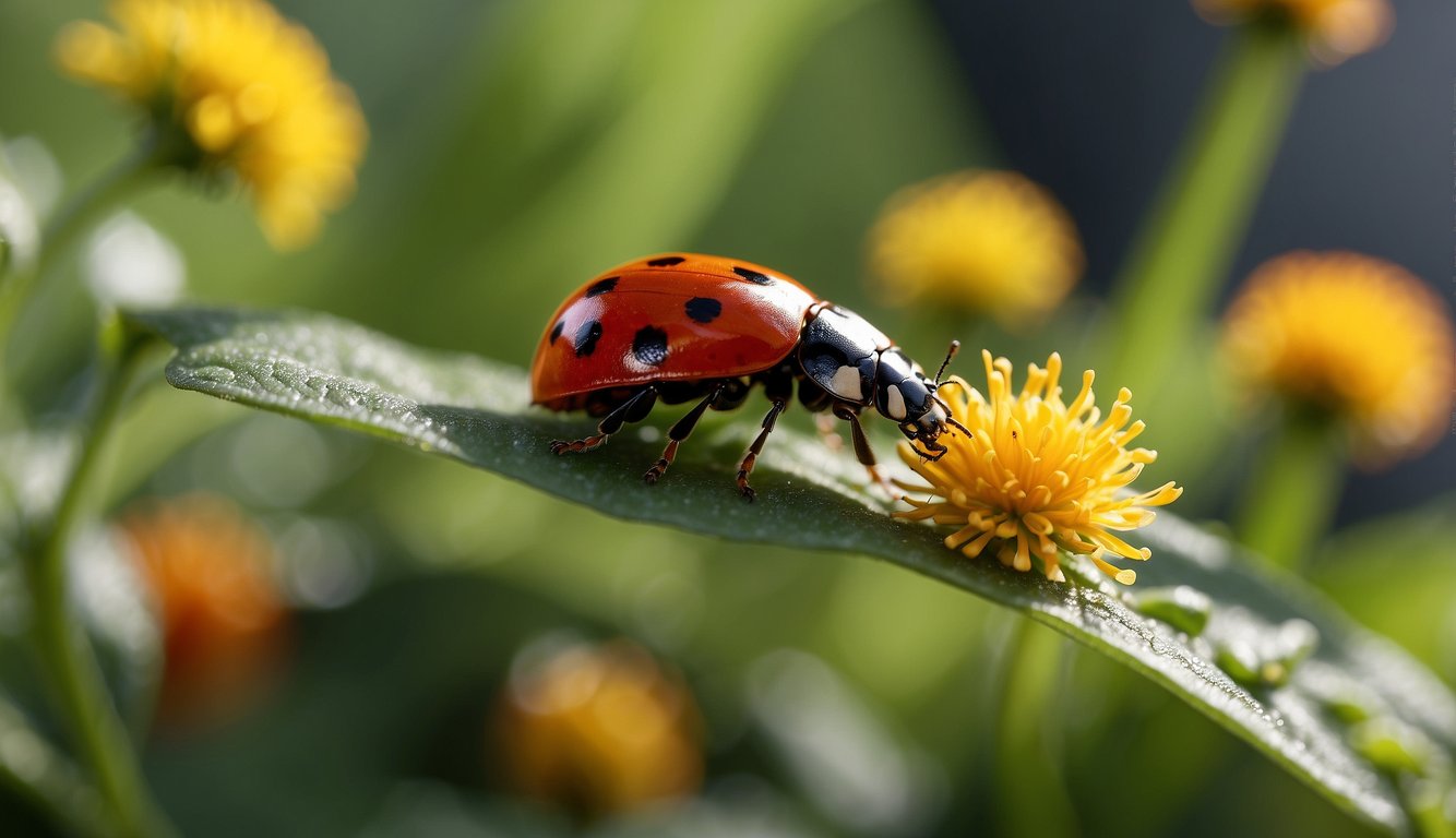 A vibrant garden with diverse plants and flowers, ladybugs crawling on leaves, and aphids being consumed by the ladybugs