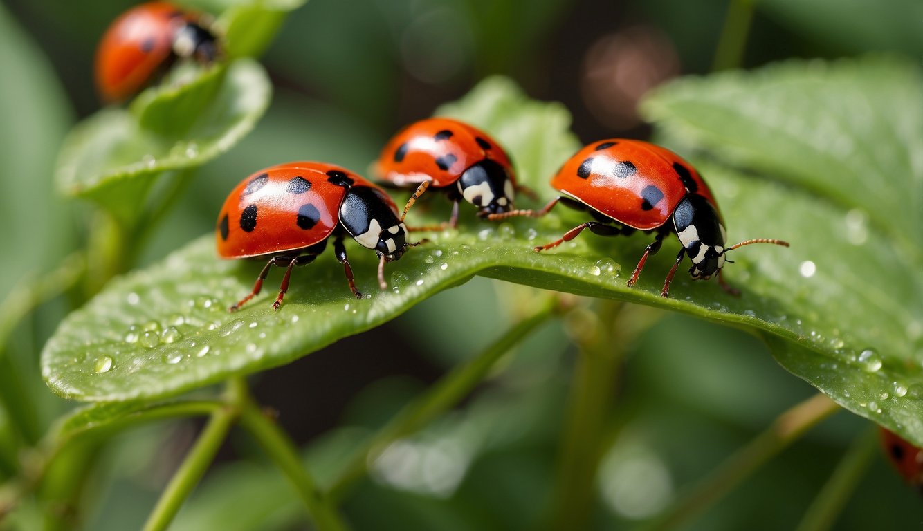 Ladybugs swarm over lush green plants, feasting on tiny aphids.

Their vibrant red and black shells stand out against the leaves, a colorful army at work in the garden