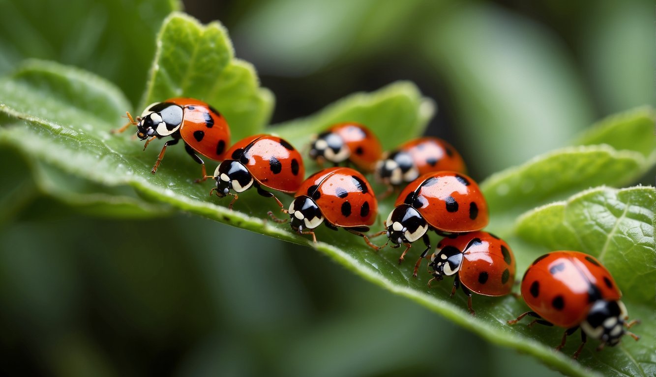 A swarm of ladybugs covers a green plant, feasting on tiny aphids.

Their vibrant red and black shells stand out against the leaves, showcasing their role as nature's colorful warriors of aphid control