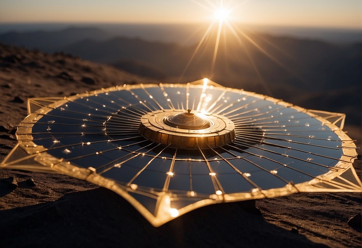 Solar sails unfurl in the vast expanse of space, propelled by the gentle push of sunlight. The sleek, futuristic design contrasts with the backdrop of stars, blending the realms of science and fiction