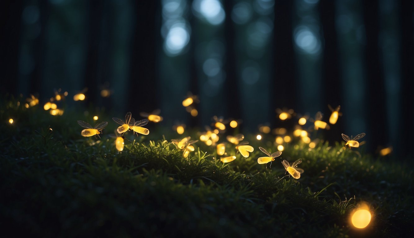 Fireflies dance in the moonlit forest, their soft glow creating a mesmerizing display of flickering lights against the dark night sky