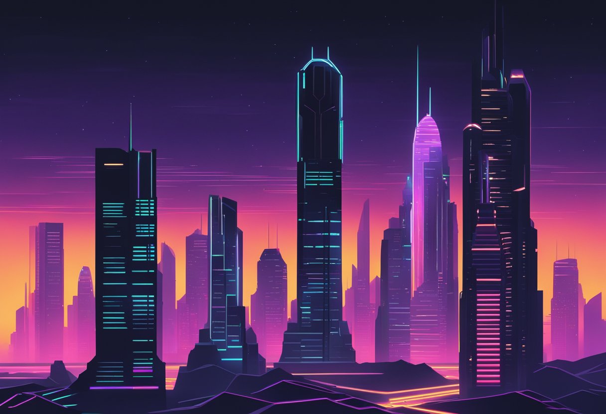 A dark, futuristic cityscape with towering skyscrapers, neon lights, and a sense of foreboding