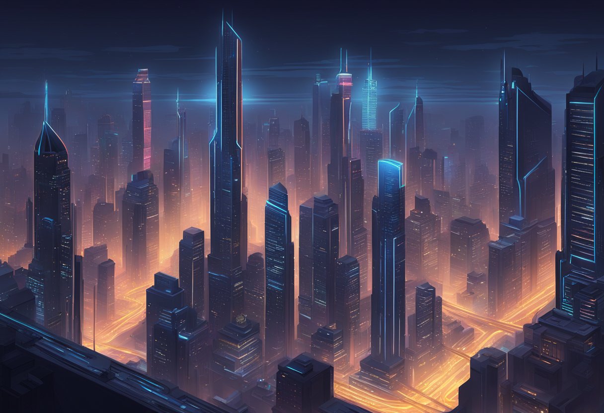 A dark, futuristic cityscape with neon signs and towering skyscrapers, casting an ominous glow over the streets below