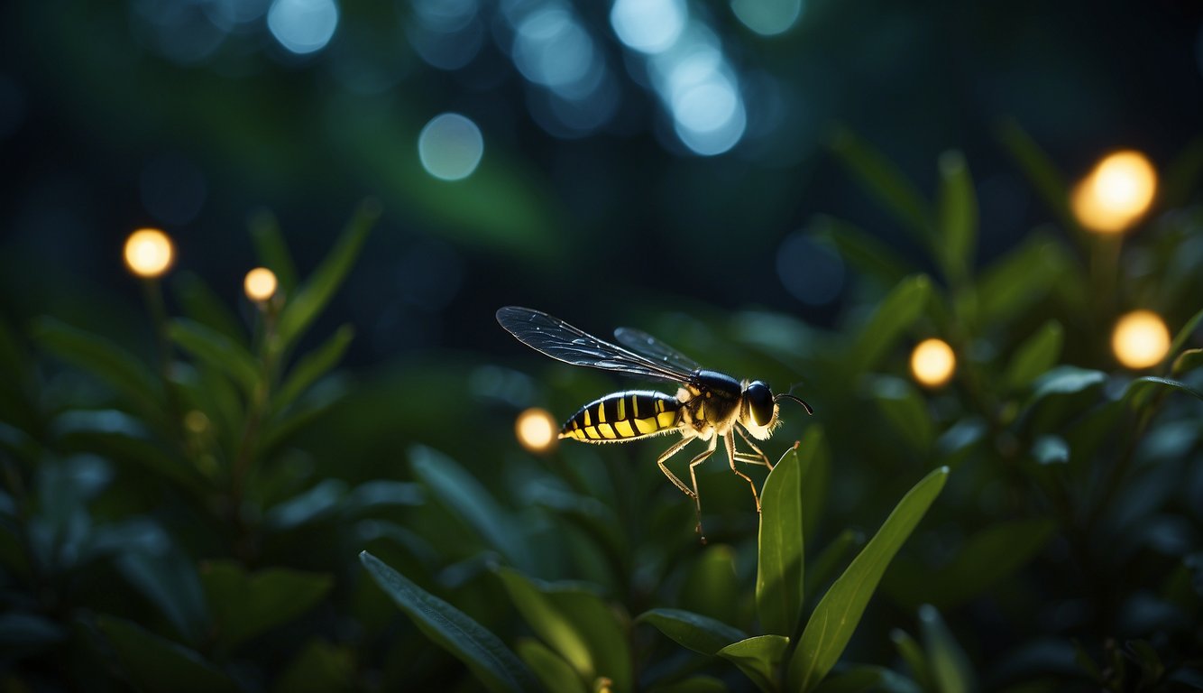 Fireflies flicker among lush green foliage, their gentle glow illuminating the night sky, a symbol of love and life threatened by human encroachment