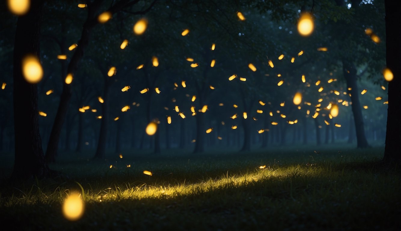 Fireflies dance among the dark trees, their soft glow illuminating the night sky like tiny lanterns.

A sense of magic and romance fills the air as they flicker and twirl in a mesmerizing display