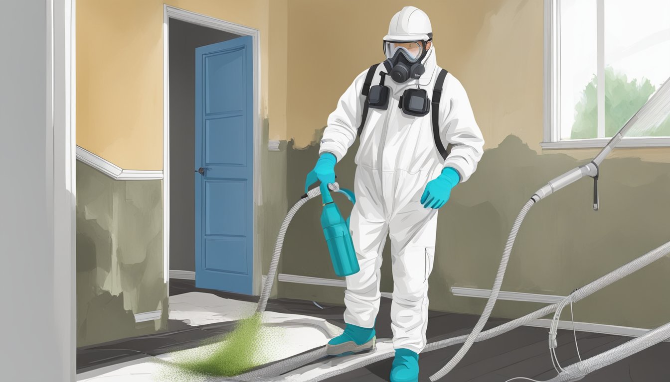 A certified technician wearing protective gear removes mold from a rental property using specialized equipment and following prevention and maintenance strategies