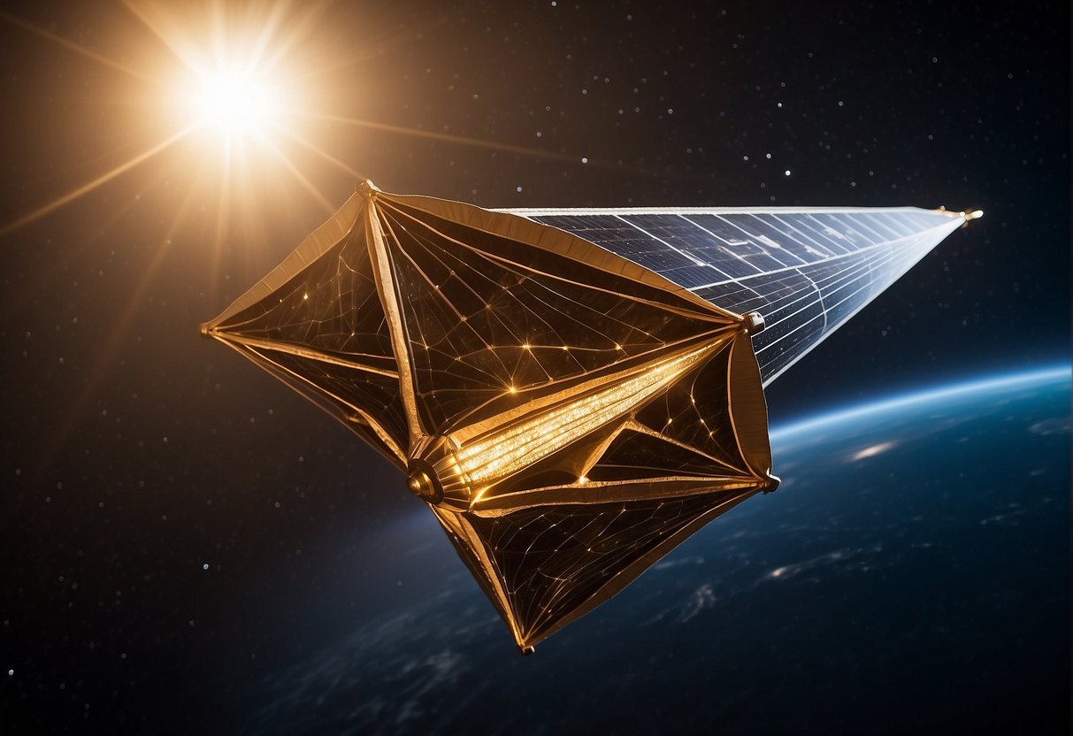 A solar sail unfurls in the vastness of space, catching the light of a distant star as it propels a spacecraft through the cosmos