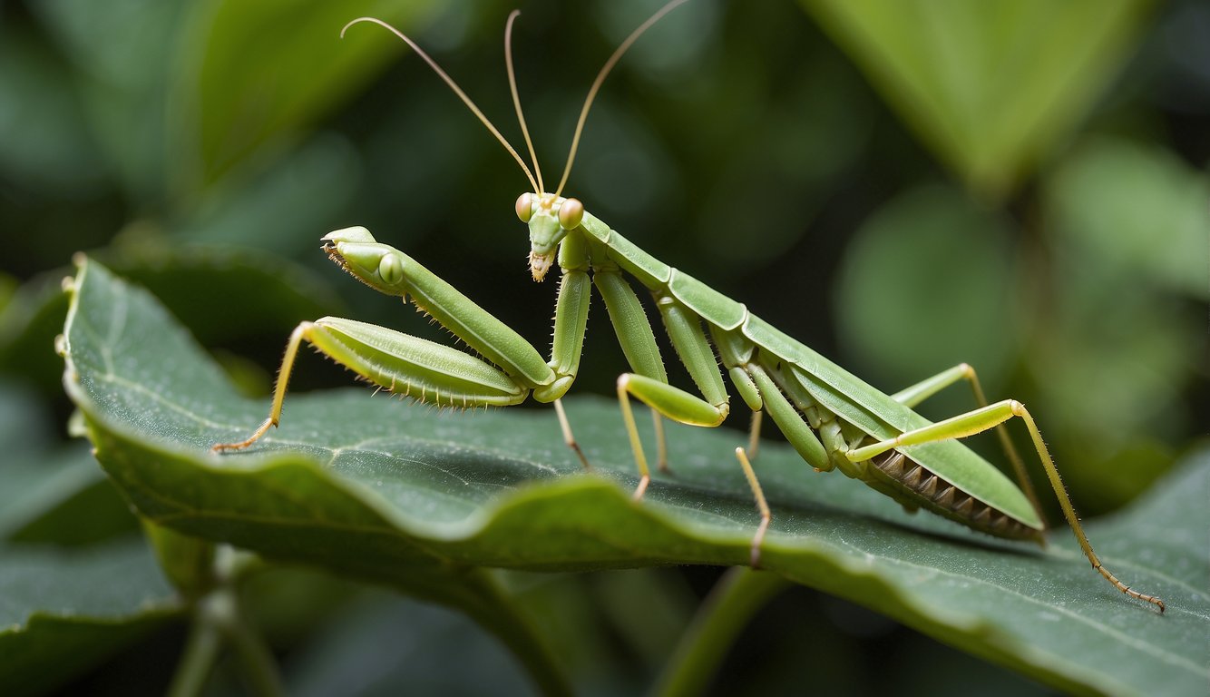 A praying mantis perched on a leaf, its slender green body blending seamlessly with the foliage.

Its forelegs poised in a striking position, ready to ambush its unsuspecting prey