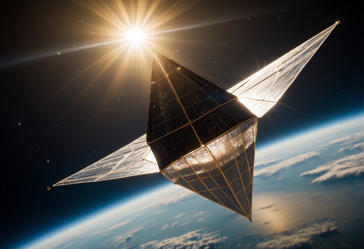 A solar sail unfurls in the vastness of space, propelled by the gentle push of sunlight. The sleek, metallic material glistens as it harnesses the power of the sun, symbolizing the cutting-edge technology and potential challenges of space exploration