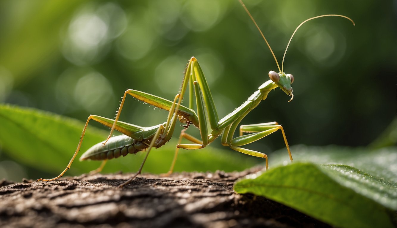 A praying mantis waits motionless on a leaf, its body poised for attack.

A grasshopper hops into view, unaware of the danger lurking nearby.

With lightning speed, the mantis strikes, capturing its prey in a swift, deadly embrace