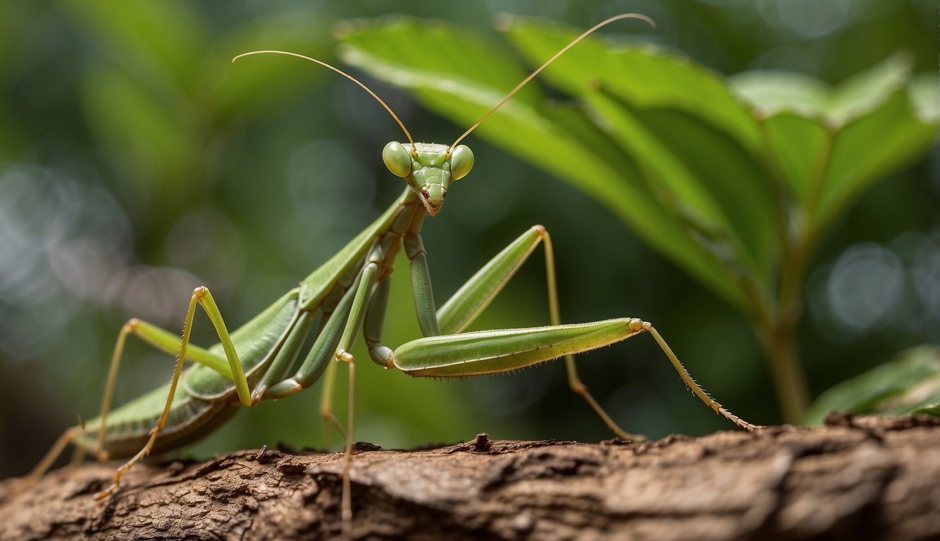A praying mantis waits motionless on a leaf, its head turned, watching a small insect approach.

Its forelegs are poised to strike with precision