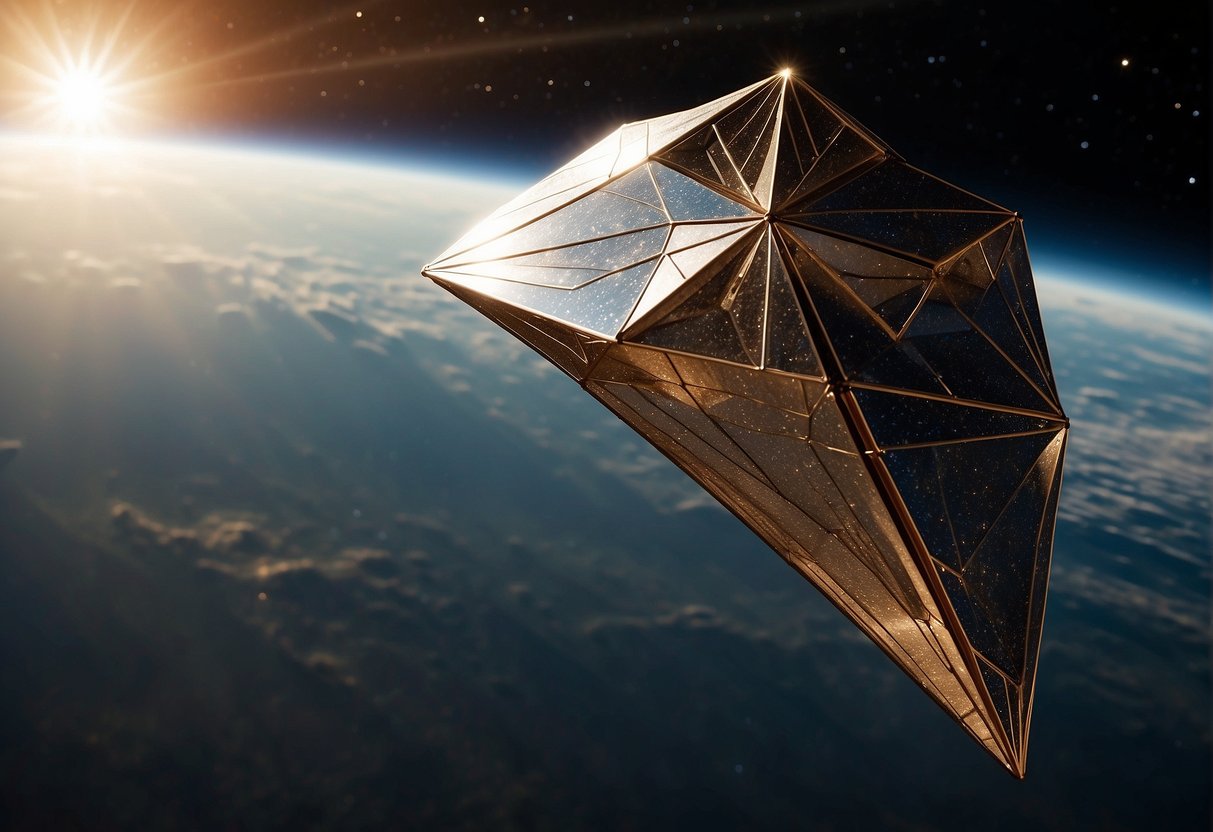 A solar sail spacecraft glides through the vastness of space, propelled by the gentle push of sunlight. The sleek, reflective sail catches the sun's rays, harnessing their energy to propel the vessel further into the cosmos