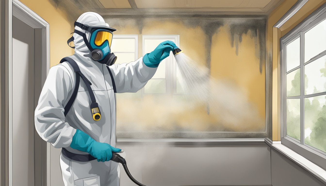 A technician wearing protective gear sprays and cleans mold-infested walls in a rental property. A certificate hangs on the wall, emphasizing the importance of mold remediation certification