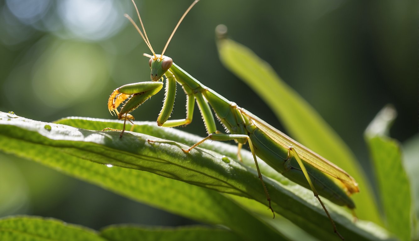 A praying mantis perches on a leaf, its body perfectly still as it waits for its next prey.

The vibrant green insect blends seamlessly with its surroundings, showcasing nature's patient predator in action