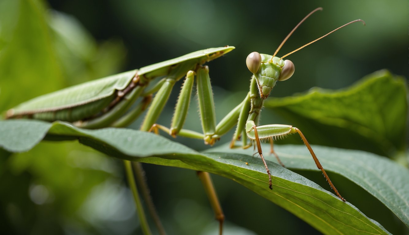 A praying mantis perched on a green leaf, its long and slender body perfectly camouflaged among the foliage.

Its head turned, observing its surroundings with keen, predatory eyes