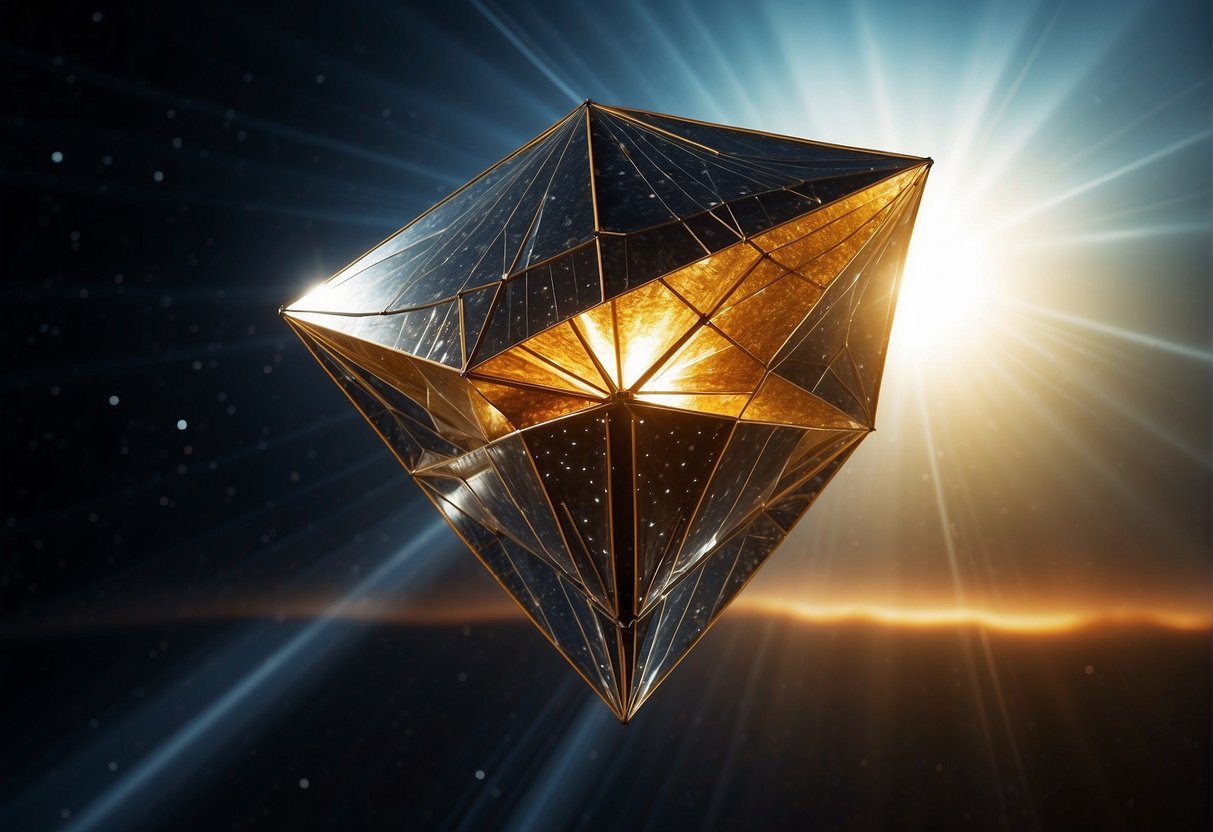 A solar sail spacecraft unfurls its large, reflective sails in the vacuum of space, harnessing the power of sunlight to propel itself through the cosmos