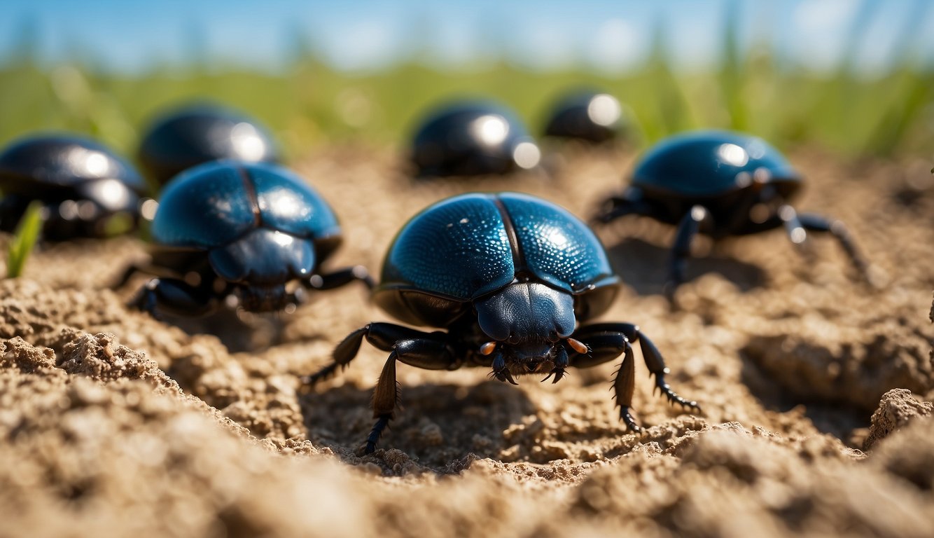 Dung beetles roll and bury dung balls in a grassy savanna, under a bright sun and clear blue sky