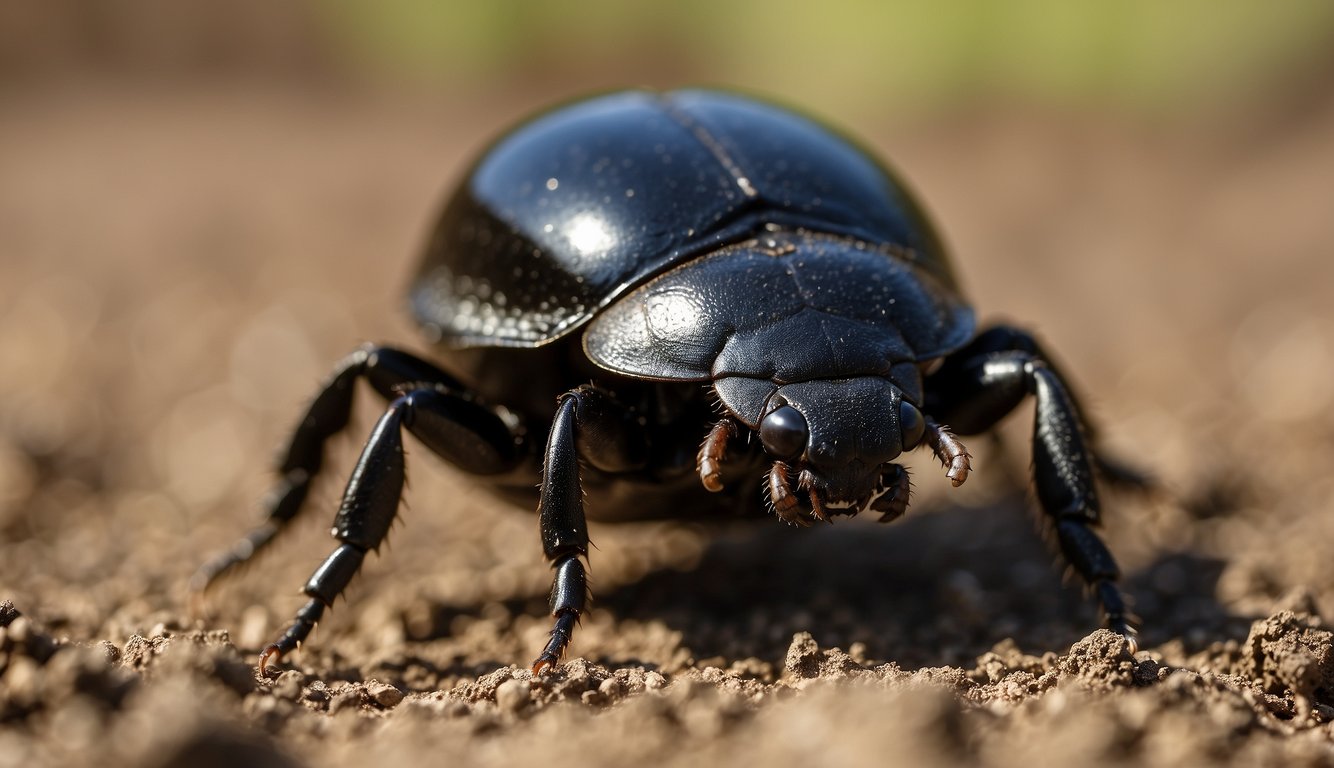 A dung beetle rolls a ball of dung across the ground, using its hind legs to push and navigate.

Other beetles are seen rolling and burying dung balls in the soil