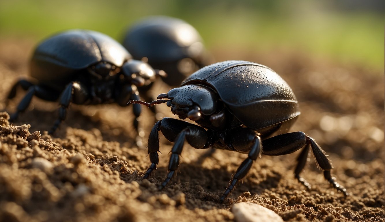 Dung beetles roll a ball of dung across the ground, using their strong legs to propel it forward.

They work together to bury the dung, playing a crucial role in waste management