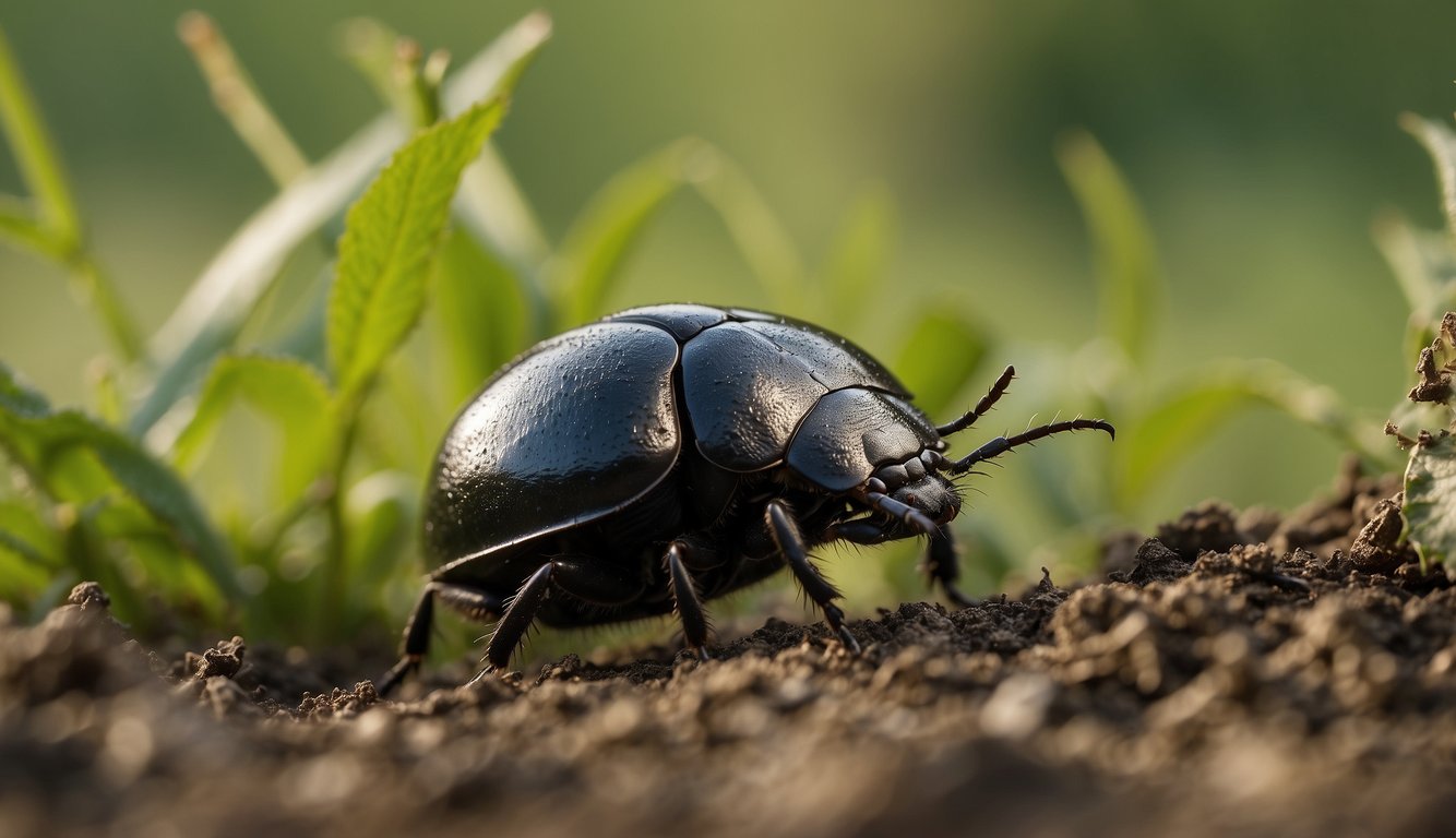 Dung beetles busily rolling and burying animal waste in a lush, green field