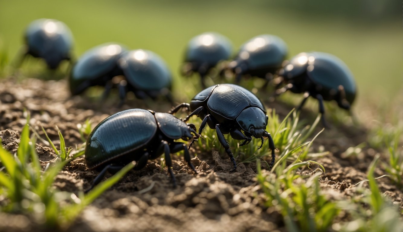 A group of dung beetles rolling and burying animal waste in a grassy field, with a diverse range of beetle species working together