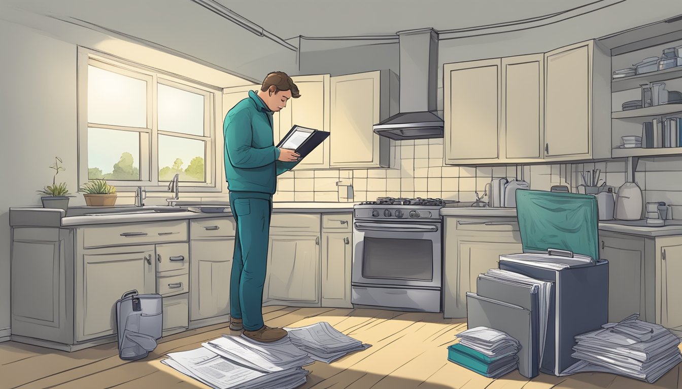 A landlord meticulously documents mold issues in a rental property, organizing files and inspecting affected areas with a flashlight and clipboard